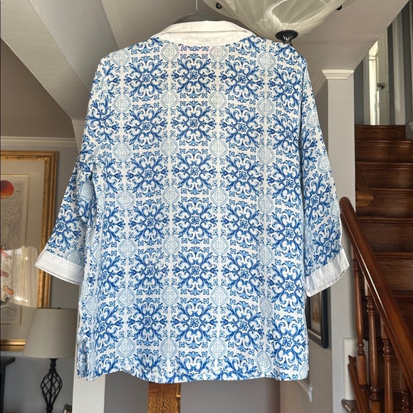 Isaac Mizrahi Blue & White Tile Pattern Linen Tunic Topp Sz XL - Picture 4 of 10